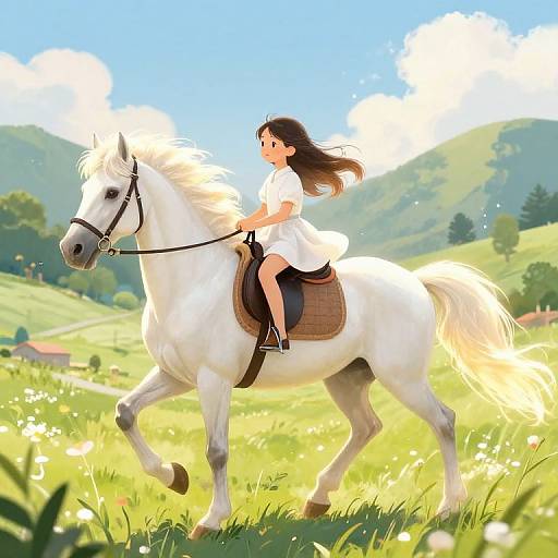 Anime-style digital illustration of a young girl with long brown hair riding a white horse through a sunny, lush, green meadow.
