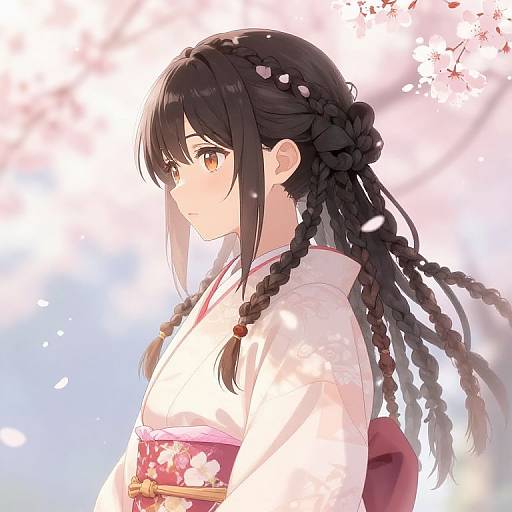 Anime-style drawing of a young woman with black braided hair, wearing a white kimono with pink floral accents, standing against a bright, cherry blossom