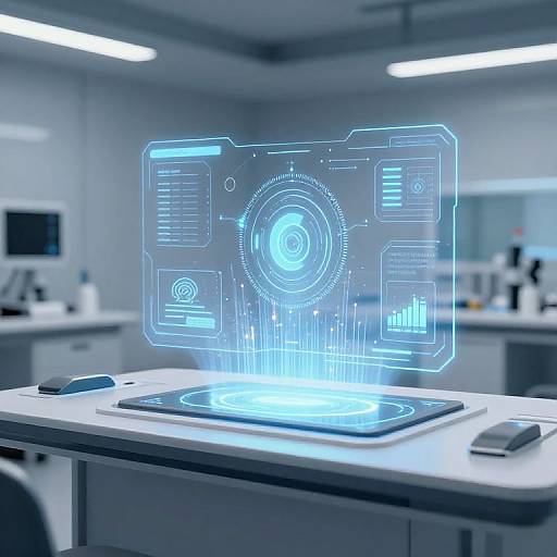 CGI image of a glowing, blue holographic interface with circular and rectangular digital elements hovering over a white laboratory table.