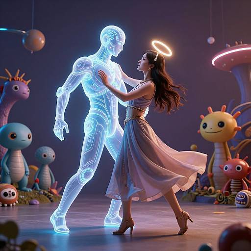 Photograph: Glowing blue male hologram dances with halo-wearing brunette woman in flowing dress, surrounded by colorful, whimsical alien-like creatures.