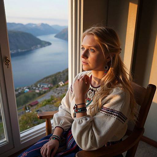Photograph of a blonde woman with blue eyes, wearing a white embroidered sweater, sitting by a window, gazing at a scenic lakeside view at