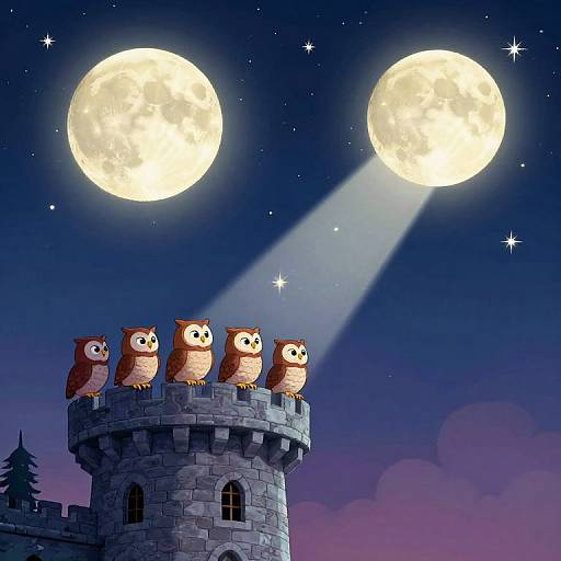 Cartoon owls perched on a stone castle turret under a starry night sky with two bright, glowing moons and a beam of light.