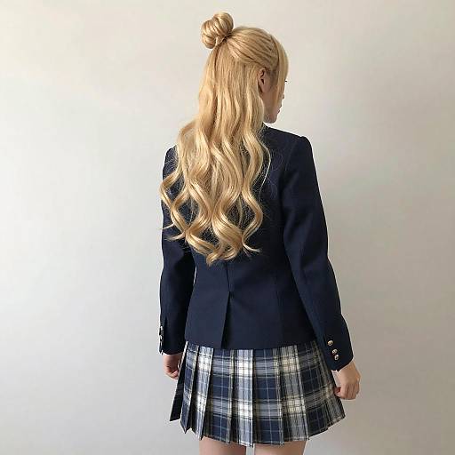 Photograph of a blonde woman with long, wavy hair in a top knot, wearing a black blazer and blue plaid skirt.