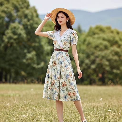 Photograph of an Asian woman with fair skin, wearing a floral dress, brown belt, and straw hat, standing in a grassy field with trees