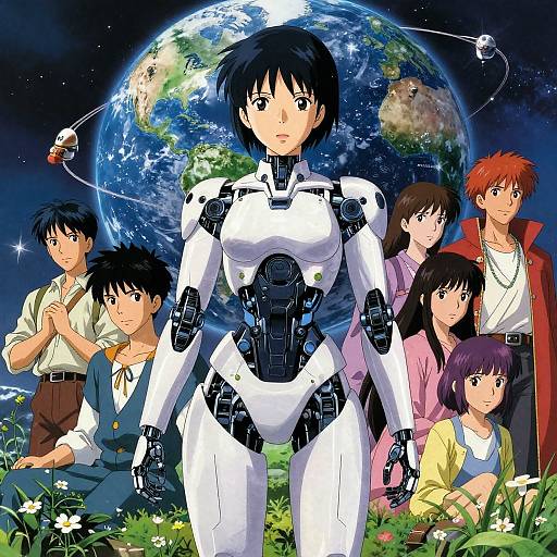 Anime-style illustration of a robot girl with black hair in front of Earth, surrounded by six human characters in colorful clothing.