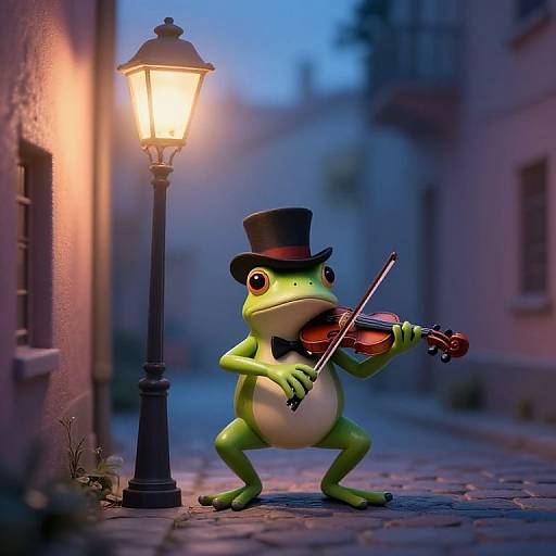 CGI frog in a black top hat playing violin under a glowing streetlamp on a cobblestone alley at twilight.