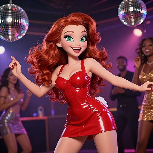 CGI image of a vibrant red-haired, green-eyed woman in a shiny red dress, dancing energetically under disco ball lights with other dancers in
