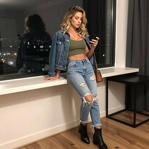 Stylish woman leaning on counter with phone indoors