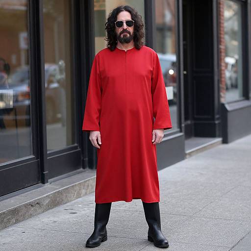 Photograph of a bearded man with long curly hair, wearing a vivid red long-sleeve tunic, black boots, and sunglasses, standing