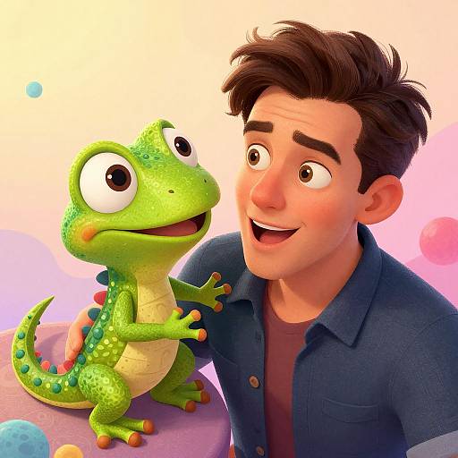 CGI image of a smiling man with dark hair in a blue shirt, interacting with a cheerful green cartoon frog with big eyes. Pink and blue background