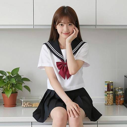 Young Woman in Sailor School Uniform Sitting on Kitchen Counter