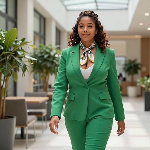 Photograph of a confident Black woman with curly hair, wearing a green suit, white blouse, and patterned scarf, walking in a bright, modern