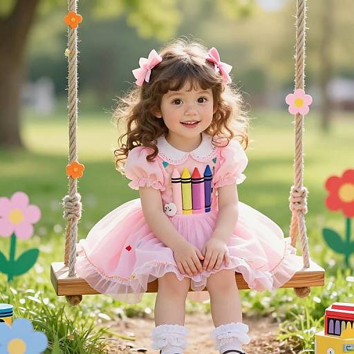 Photograph of a curly-haired, smiling young girl in a pink dress with colorful buttons, sitting on a rope swing in a sunny park with colorful flowers