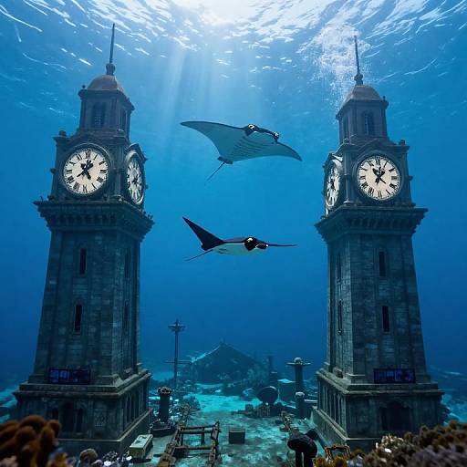 Photograph of an underwater scene with two illuminated clock towers, a manta ray, and a stingray, surrounded by sunlight filtering through the blue water