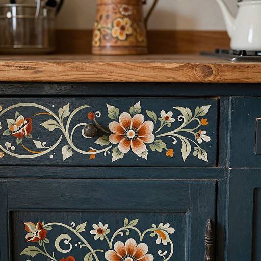 Photograph of a dark blue wooden cabinet with intricate floral paint in orange, white, and green, topped with a wooden surface and decorative items.