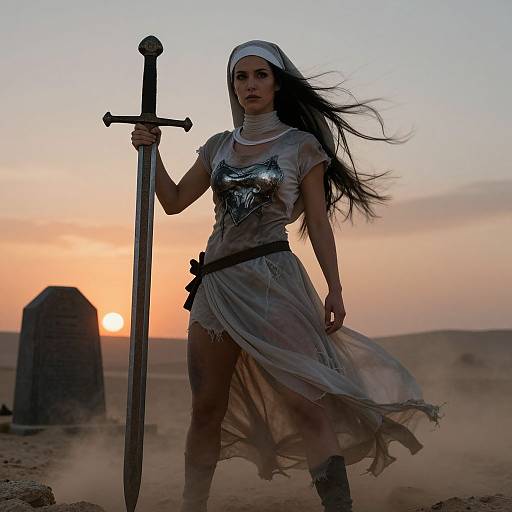 Photograph of a fierce, dark-haired woman in a nun's habit and tattered dress, holding a sword at sunset in a desert with a tomb