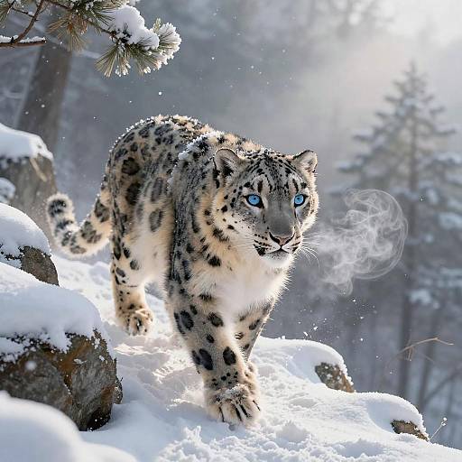 Photograph of a blue-eyed snow leopard with white and black-spotted fur, walking through a snowy forest, breathing visible steam, with sunlit pine