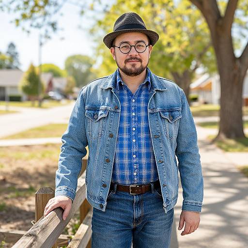 Photograph of a bearded man with glasses, wearing a black hat, blue plaid shirt, denim jacket, and jeans, leaning on a wooden