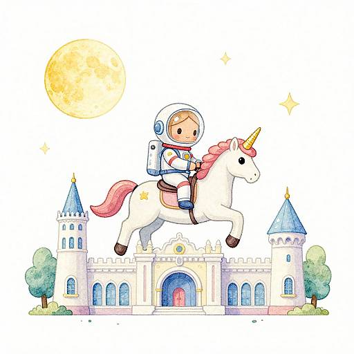 Watercolor illustration of a child astronaut riding a pink-maned unicorn over a whimsical castle with blue-topped towers, under a bright yellow moon.