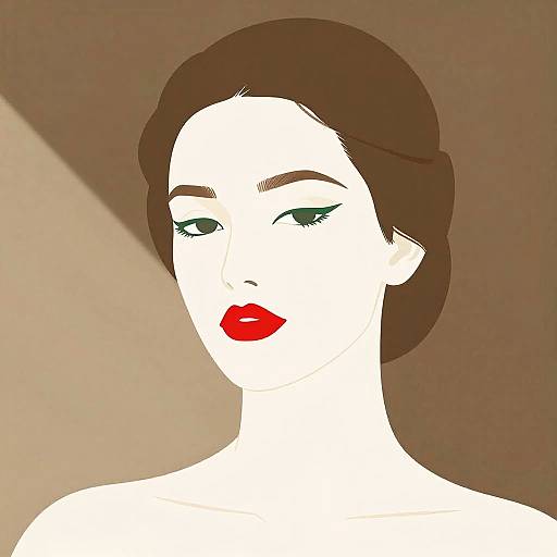 Digital illustration of a white-skinned woman with dark brown hair, red lips, green eyes, and minimalistic brown background. Bold, minimalist style.
