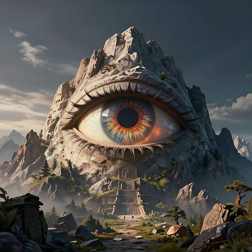 Digital art: Giant mountain with a realistic, vibrant, multi-colored eye at its center, surrounded by rocky landscape, ancient ruins, and misty forest
