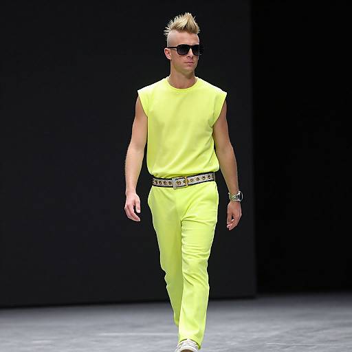 Photograph of a slim, blonde, male model with a mohawk, wearing black sunglasses, a neon yellow sleeveless shirt, matching pants, and