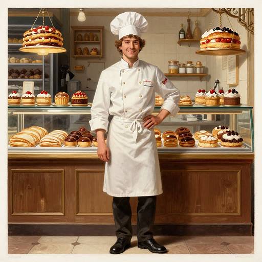 Photograph of a smiling male baker in a white chef's uniform and hat, standing in a brightly lit bakery with displayed pastries and cupcakes on wooden