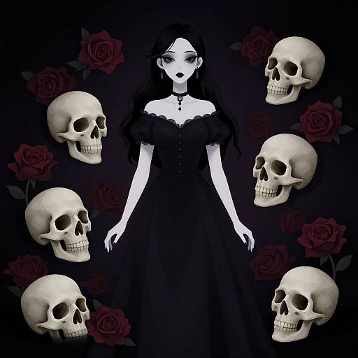 Digital illustration of a pale, black-dressed woman with long dark hair, surrounded by six white skulls against a black background with red roses. Gothic,