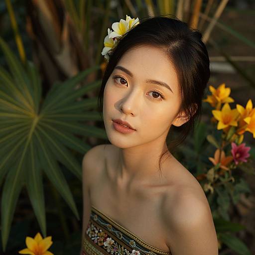 Photograph of an Asian woman with fair skin, black hair, and a white flower in her hair, wearing a strapless floral dress, surrounded by