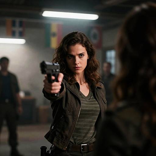 Woman Pointing Gun in Industrial Room