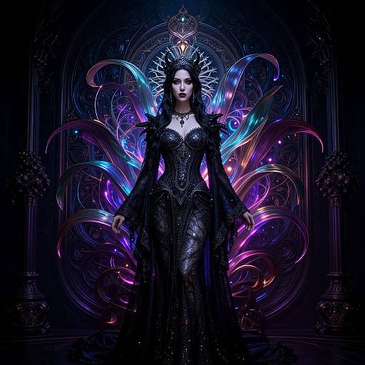 Digital art of a dark-haired woman in an ornate black gown, crowned with a glowing headpiece, surrounded by vibrant, neon-colored, swirling patterns