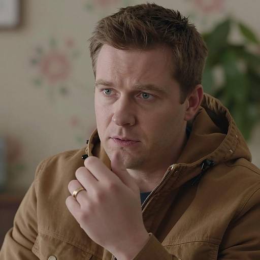 Concerned man in brown jacket with gold ring