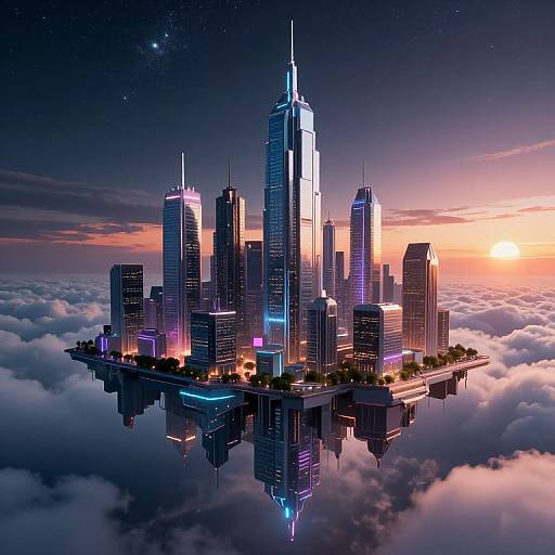 Digital artwork of a futuristic cityscape floating in the clouds at sunset, featuring neon-lit skyscrapers with reflective glass surfaces and a starry night