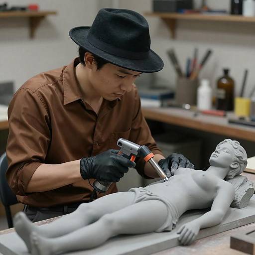 Focused Sculptor Carving Statue with Blowtorch