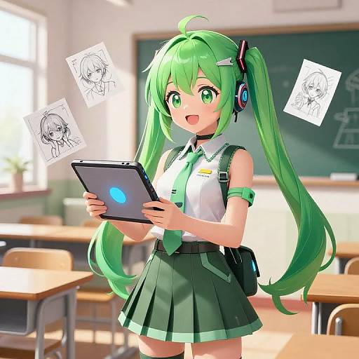 Digital anime-style illustration of a green-haired girl with twin-tails, wearing a green and white school uniform, holding a tablet in a sunlit classroom
