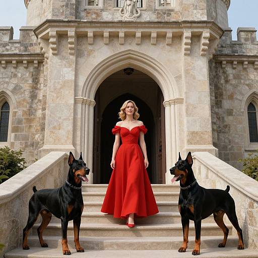 Elegant Woman at Castle Entrance