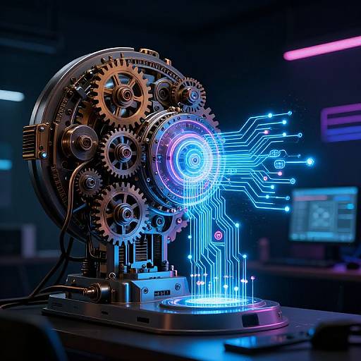 Photograph of a futuristic, illuminated mechanical gear assembly with blue neon circuit lines, set in a dark, neon-lit laboratory.