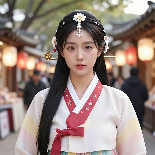 Photograph of an East Asian woman with long black hair, wearing a white kimono with red sash, floral hairpiece, and traditional Japanese street