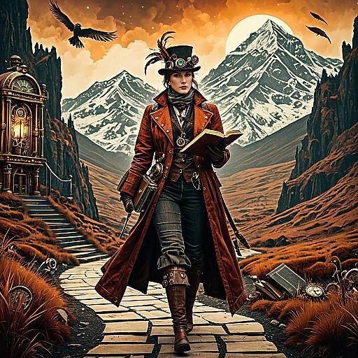 Steampunk Librarian in Surreal Mountainous Landscape
