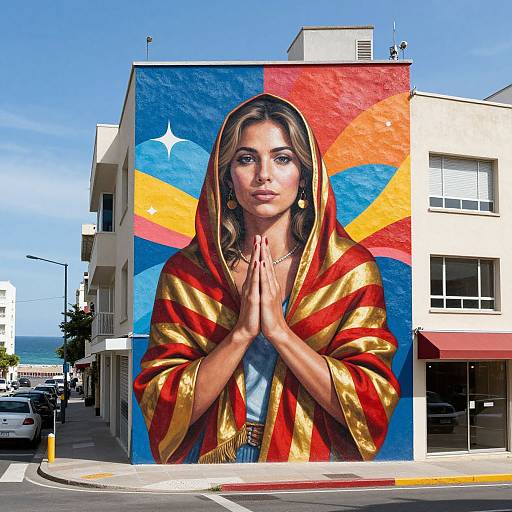 Photograph of a vibrant street mural featuring a praying woman with golden-brown hair in a red and gold robe, standing in front of a multi-colored