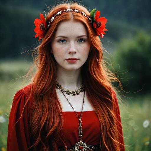 Red-haired woman in traditional dress with floral accessories
