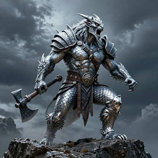 Digital artwork of a fierce, silver-armored werewolf warrior with spiked shoulders and chest plate, holding a large axe, standing on rocky terrain under a