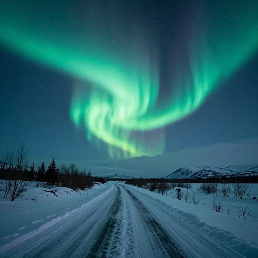 Photograph of a snowy road leading to a horizon under vibrant green and blue Northern Lights in a starry night sky.