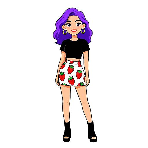 Cartoon-style drawing of a purple-haired woman with large gold hoop earrings, black top, white strawberry-print skirt, black ankle boots.
