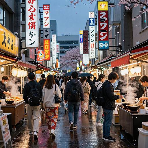 Nighttime photograph of a bustling Japanese street market with colorful neon signs, steaming food stalls, and pedestrians in winter attire.