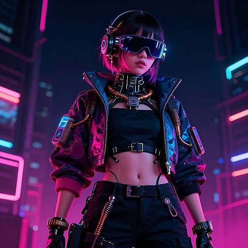 Cyberpunk woman in neon-lit city, wearing black crop top, leather jacket, goggles, headphones, and futuristic accessories, with vibrant pink and