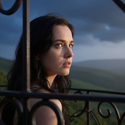Photograph of a fair-skinned, dark-haired woman with striking blue eyes, gazing pensively through a wrought iron railing, against a dramatic,