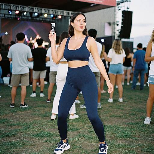 Photograph of a fit woman with long dark hair, wearing a black sports bra and high-waisted black leggings, holding a microphone, standing outdoors