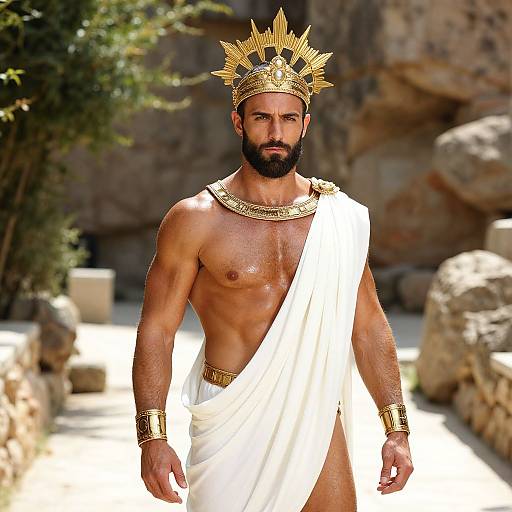 Photograph of a muscular, bearded man with tan skin, wearing a gold crown, white toga, and gold bracelets, standing outdoors with rocky
