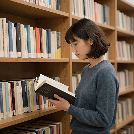 Photograph of a focused young woman with short black hair, wearing a blue sweater, reading a book in a wooden library. Shelves filled with colorful